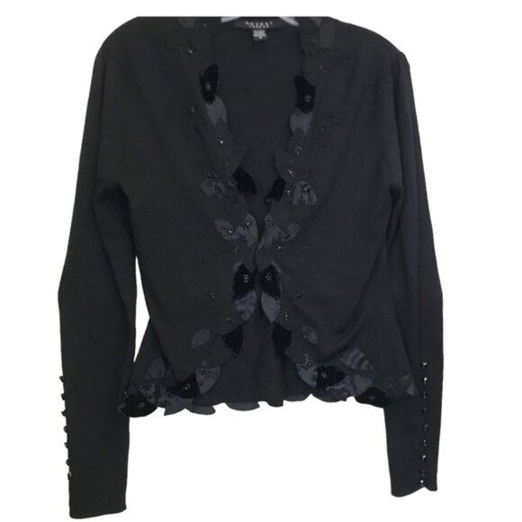 Nougat London Silk Velvet Embellished Floral Cardigan Fitted Knit Sweater Top L - Picture 2 of 16